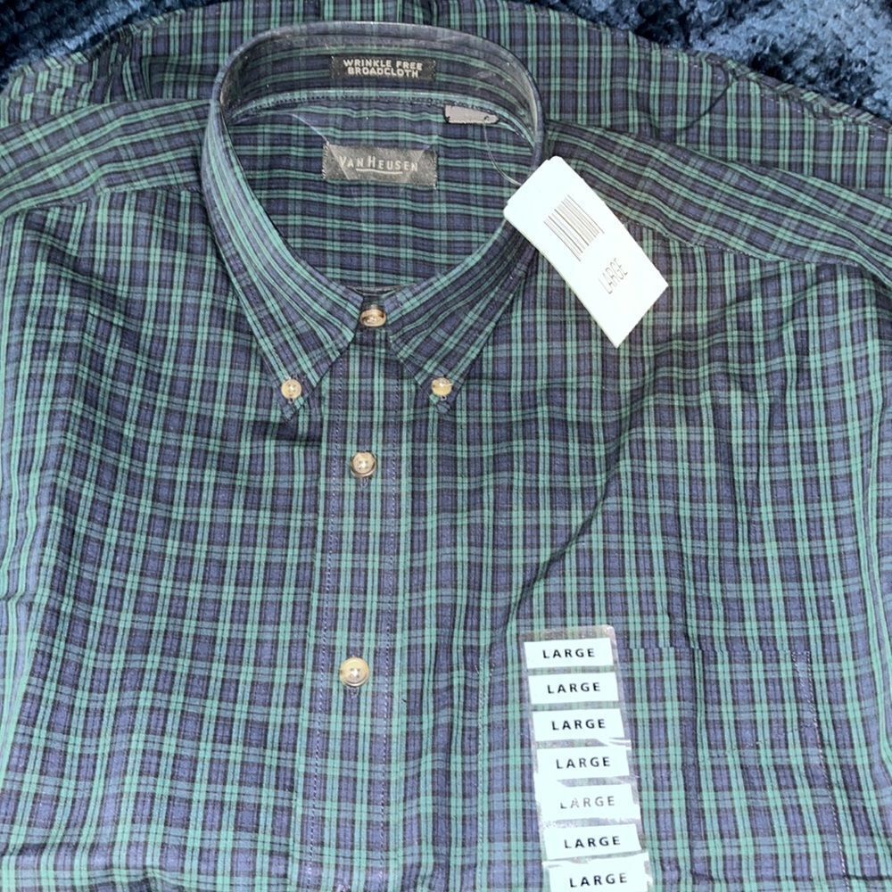New Van Heusen Scottish Black Watch plaid tartan wrinkle free work LS shirt L